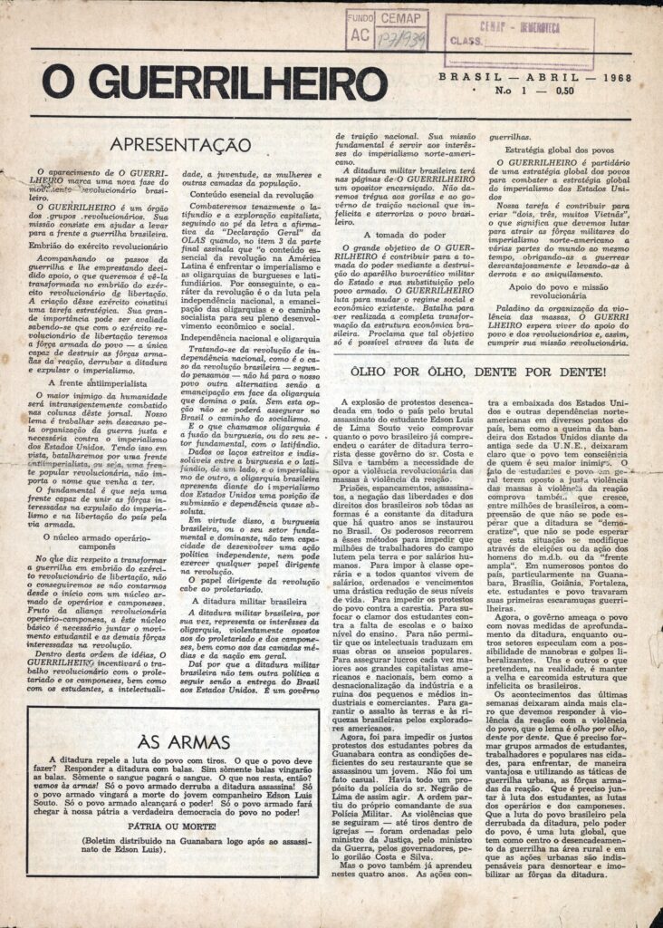 O guerrilheiro nº 1 abril de 1968, publicado pela Ação Libertadora Nacional (ALN) [Fundo CEMAP - CEDEM UNESP]